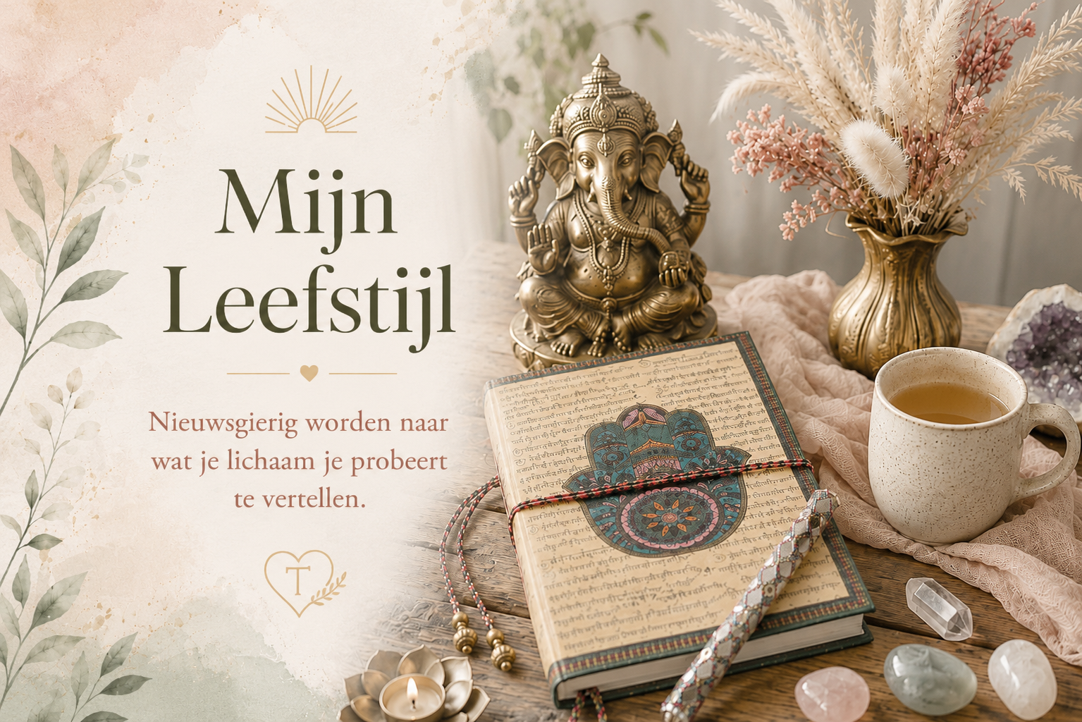Sfeervolle header van de pagina Mijn Leefstijl met een Indiaas dagboek, Ganesha, gouden vaas met droogbloemen, edelstenen en een kop thee, als symbool voor bewust leven, herstel en nieuwsgierigheid naar het lichaam.