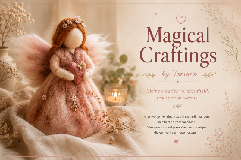 Handgemaakt vilten engeltje in zachte pastelkleuren als header voor Magical Craftings by Tamara.