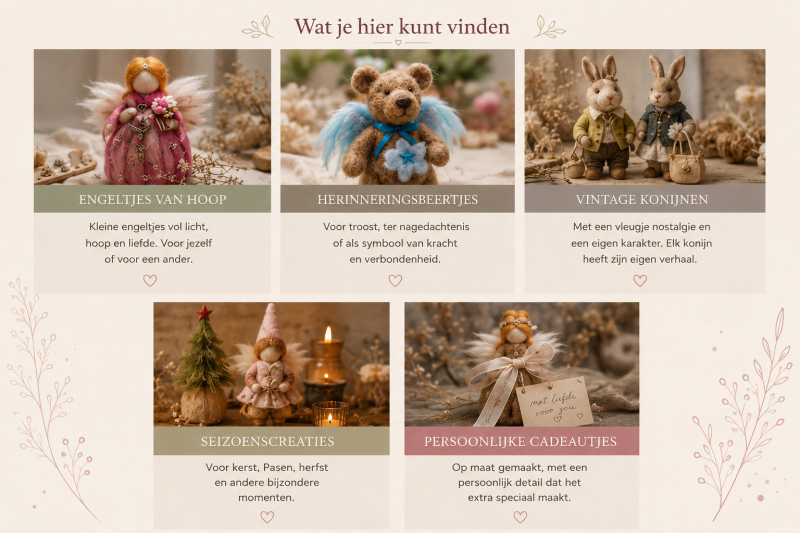 Overzicht van handgemaakte Magical Craftings creaties zoals engeltjes van hoop, herinneringsbeertjes, vintage konijnen, seizoensdecoraties en persoonlijke cadeautjes in zachte pastelkleuren.
