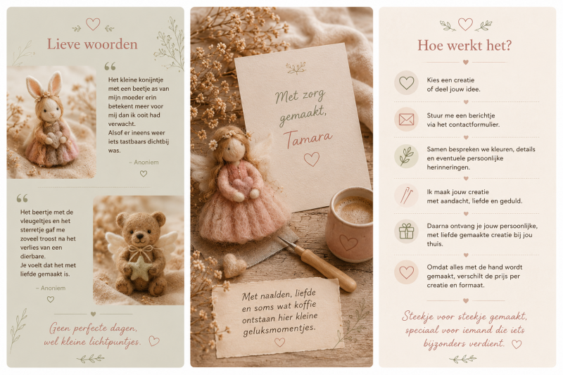Zachte pastelcollage van Magical Craftings met lieve woorden van klanten, handgemaakte herinneringscreaties en uitleg over hoe persoonlijke naaldviltcreaties worden gemaakt.