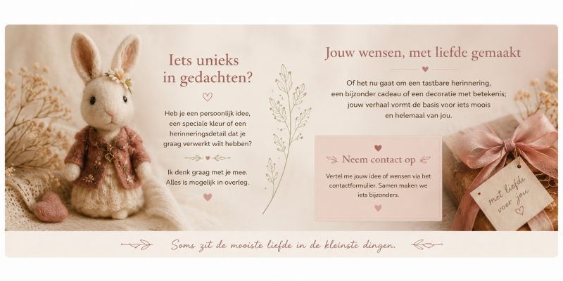 Handgemaakte naaldvilten creaties van Magical Craftings by Tamara met een vintage konijntje, zachte pastelkleuren en persoonlijke herinneringscadeaus op maat.
