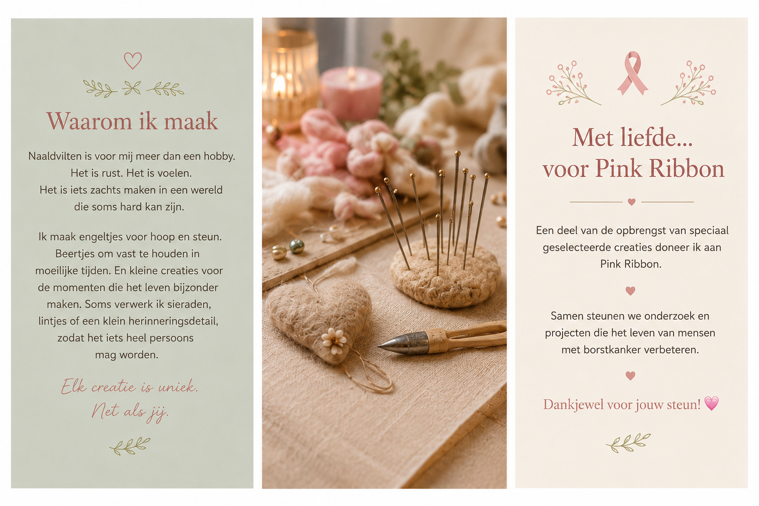 Zachte pastelcollage van Magical Craftings met uitleg over handgemaakte naaldviltcreaties, persoonlijke herinneringsstukken en steun aan Pink Ribbon.