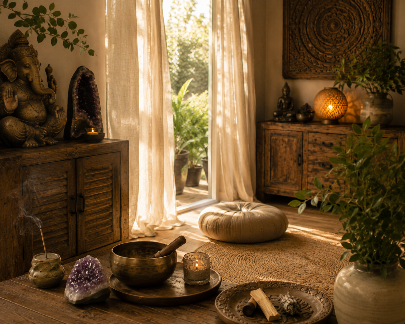 Warme meditatieruimte met klankschaal, kaarsen en spirituele elementen voor rust en balans