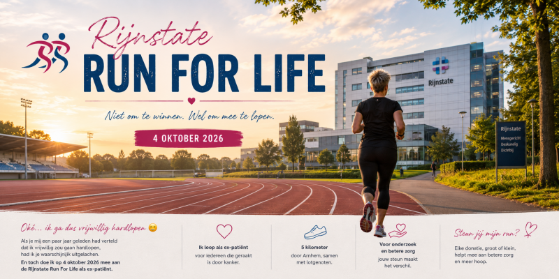 Tamara van Heteren rent als ex-patiënt mee met de Rijnstate Run For Life 2026 op een atletiekbaan bij ziekenhuis Rijnstate in Arnhem voor kankeronderzoek en herstel na kanker.
