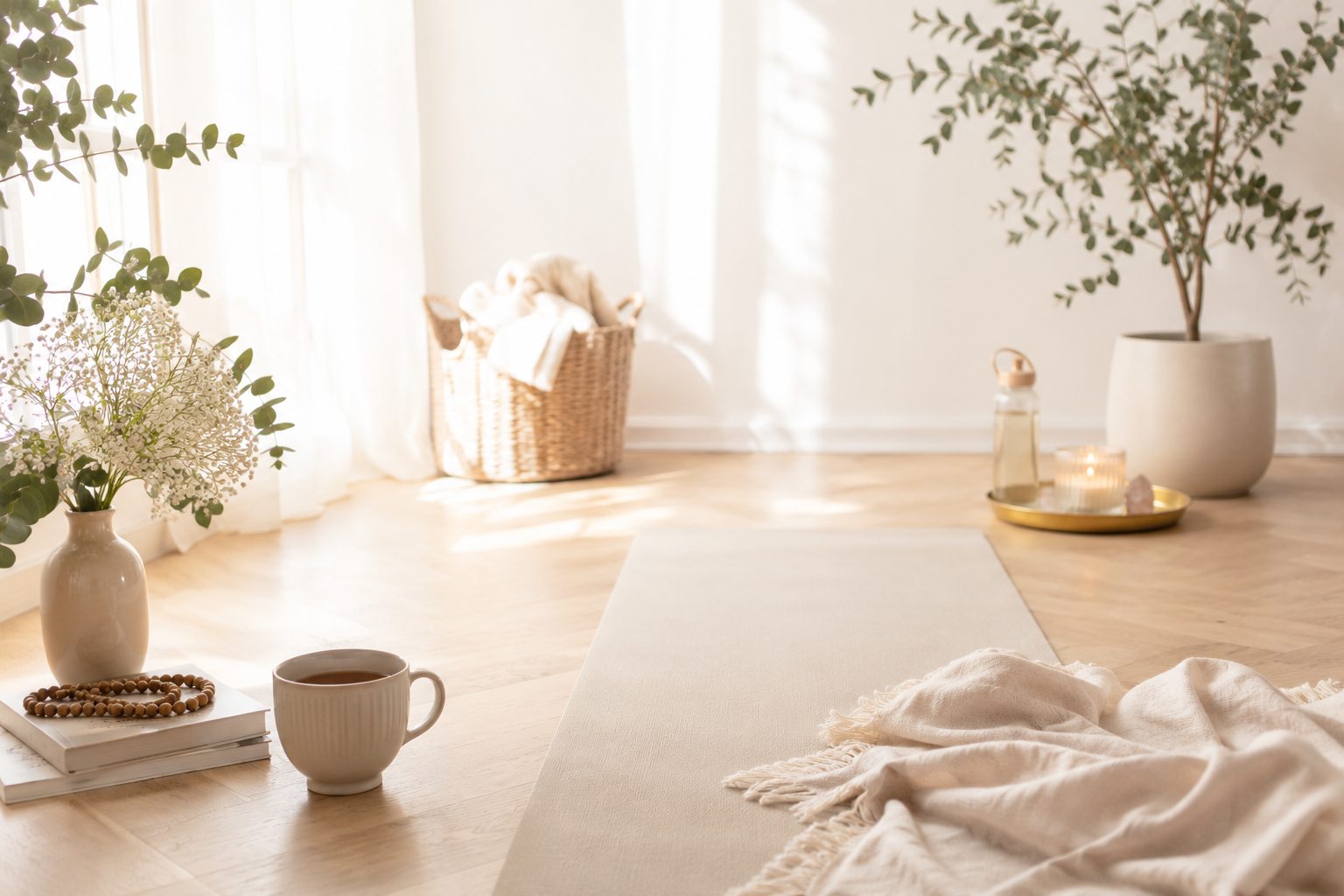 Lichte serene ruimte met yogamat, kaarsen en zachte natuurlijke elementen voor rust en ontspanni