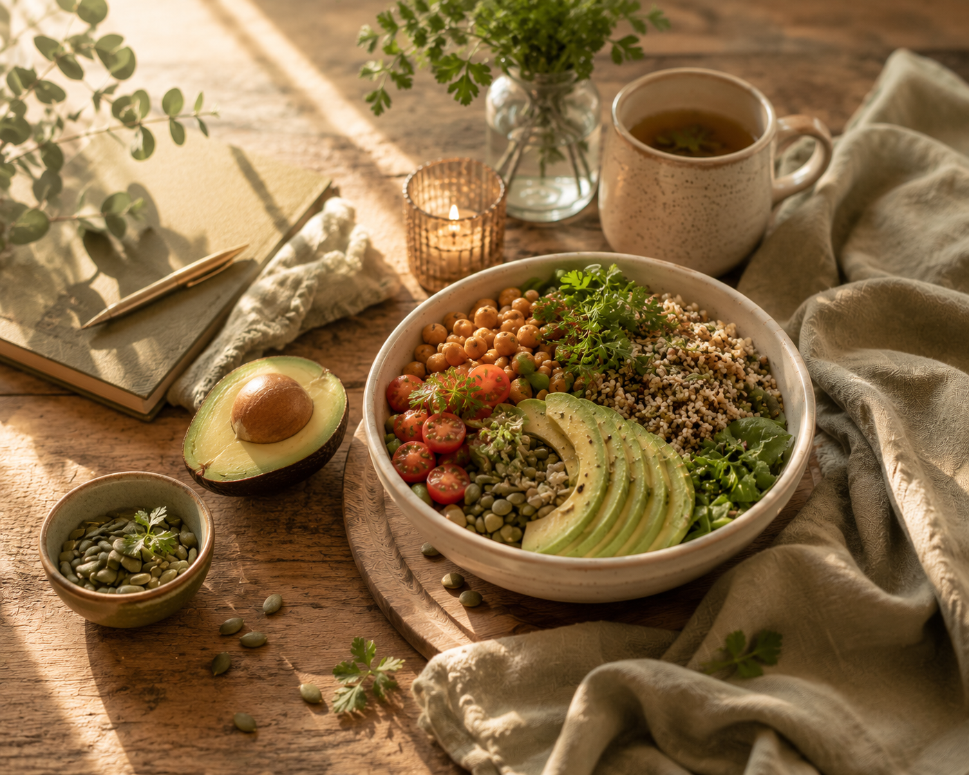 Rustgevende voedzame maaltijd met avocado, groenten, thee en zachte ochtend sfeer als symbool voor zelfzorg en herstel