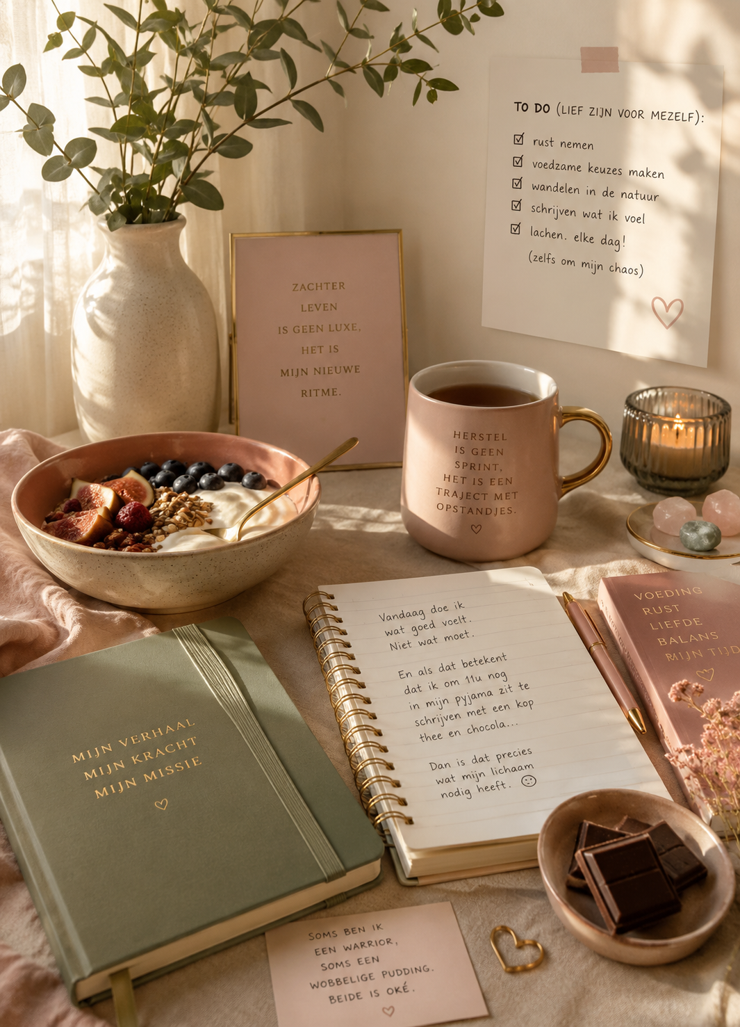 Rustgevende ochtendsetting met journal, gezonde voeding, thee en inspirerende herstelquote