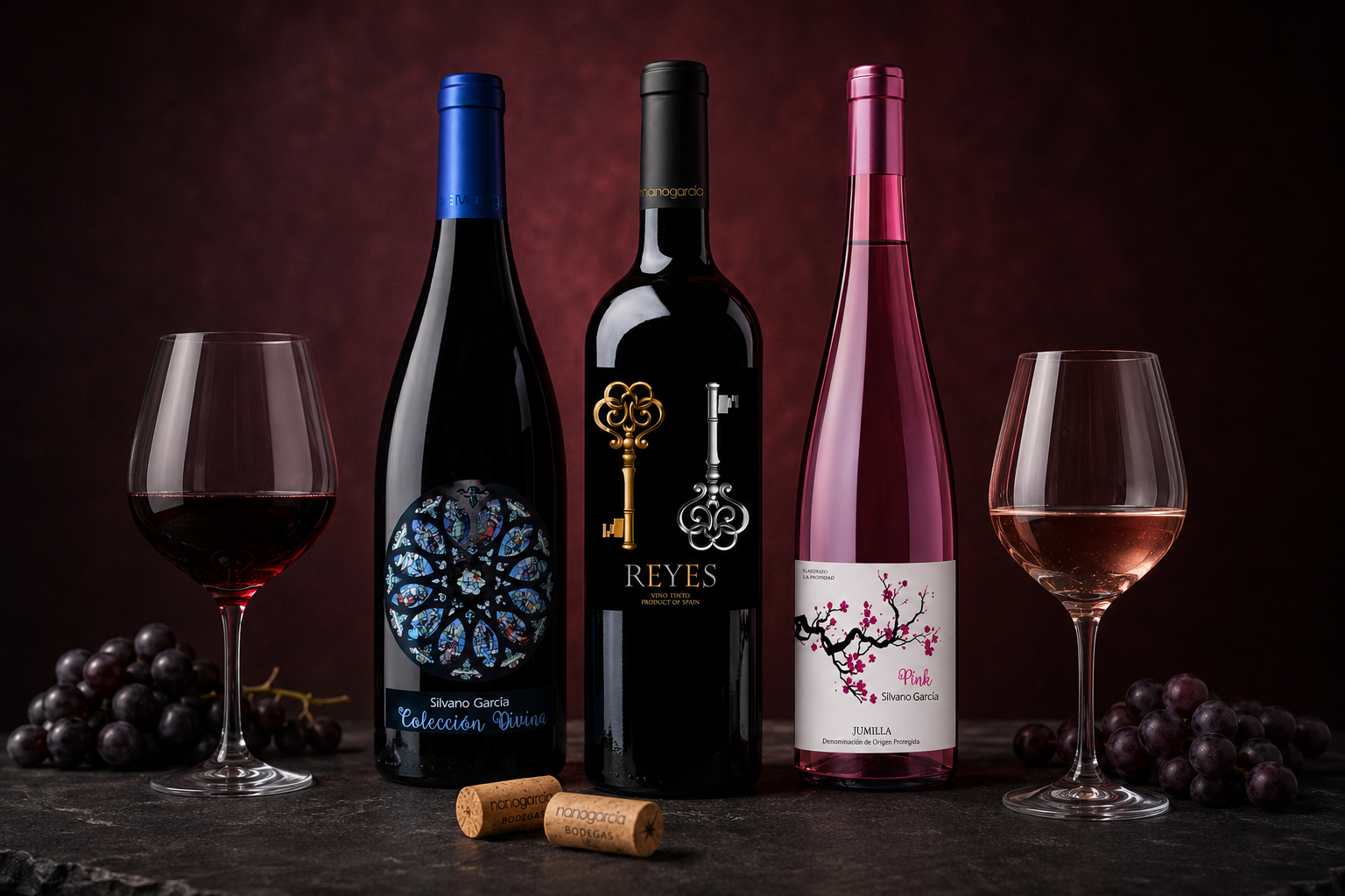 Botellas de los vinos Silvano García Colección Divina, Reyes y Pink acompañadas de copas de vino tinto y rosado