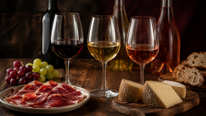 Vinos tinto, blanco y rosado acompañados de jamón ibérico, quesos curados, pan y uvas.