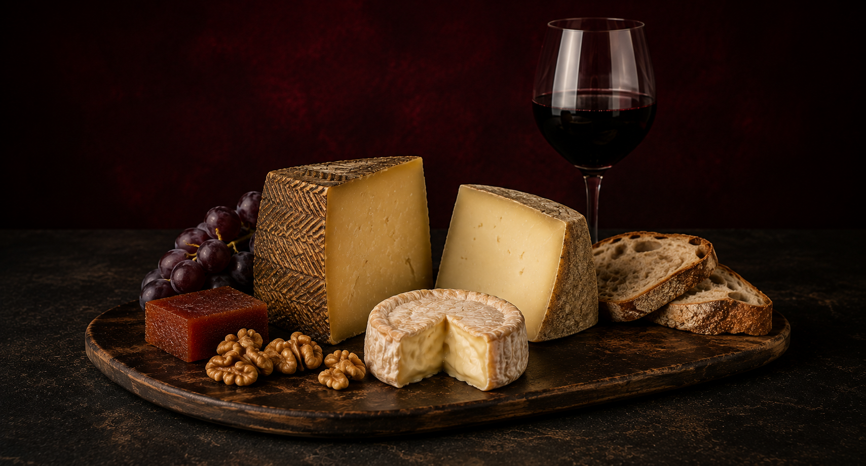 Tabla de quesos curados, semicurados y cremosos acompañados de vino tinto, membrillo, uvas, nueces y pan.