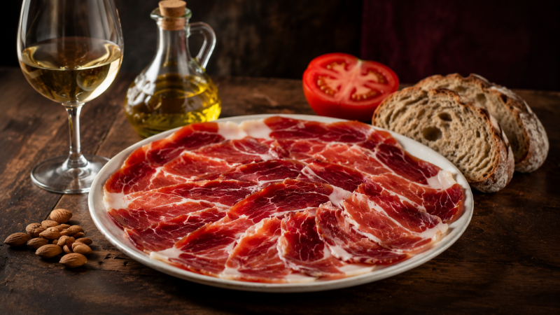 Plato de jamón ibérico acompañado de vino blanco, pan artesano, tomate, aceite de oliva y almendras