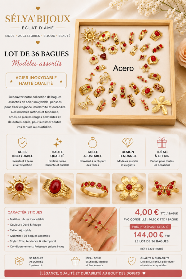 💍 Bague Éclat Rubis – Acier Inoxydable Ajustable ✨