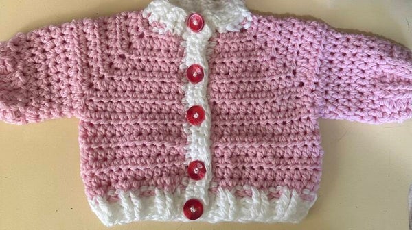 crochet cardigan pink with white trim