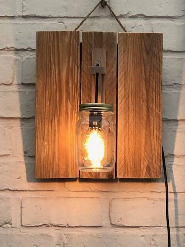 Wall lamp from wood and canning jar