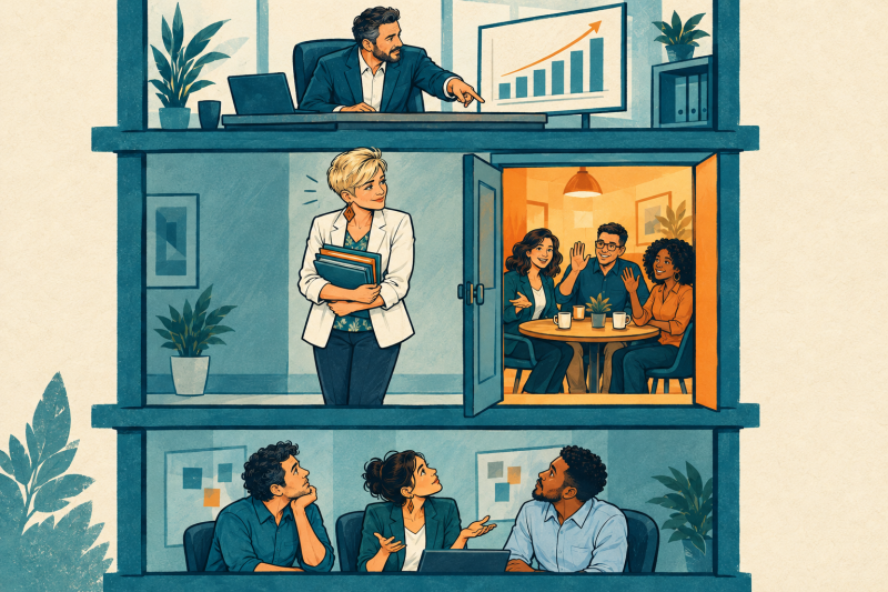 Comic einer Führungskraft im mittleren Stockwerk zwischen Geschäftsführung oben und Team unten; daneben öffnet sich eine Tür zu einer Runde von Kolleginnen und Kollegen.