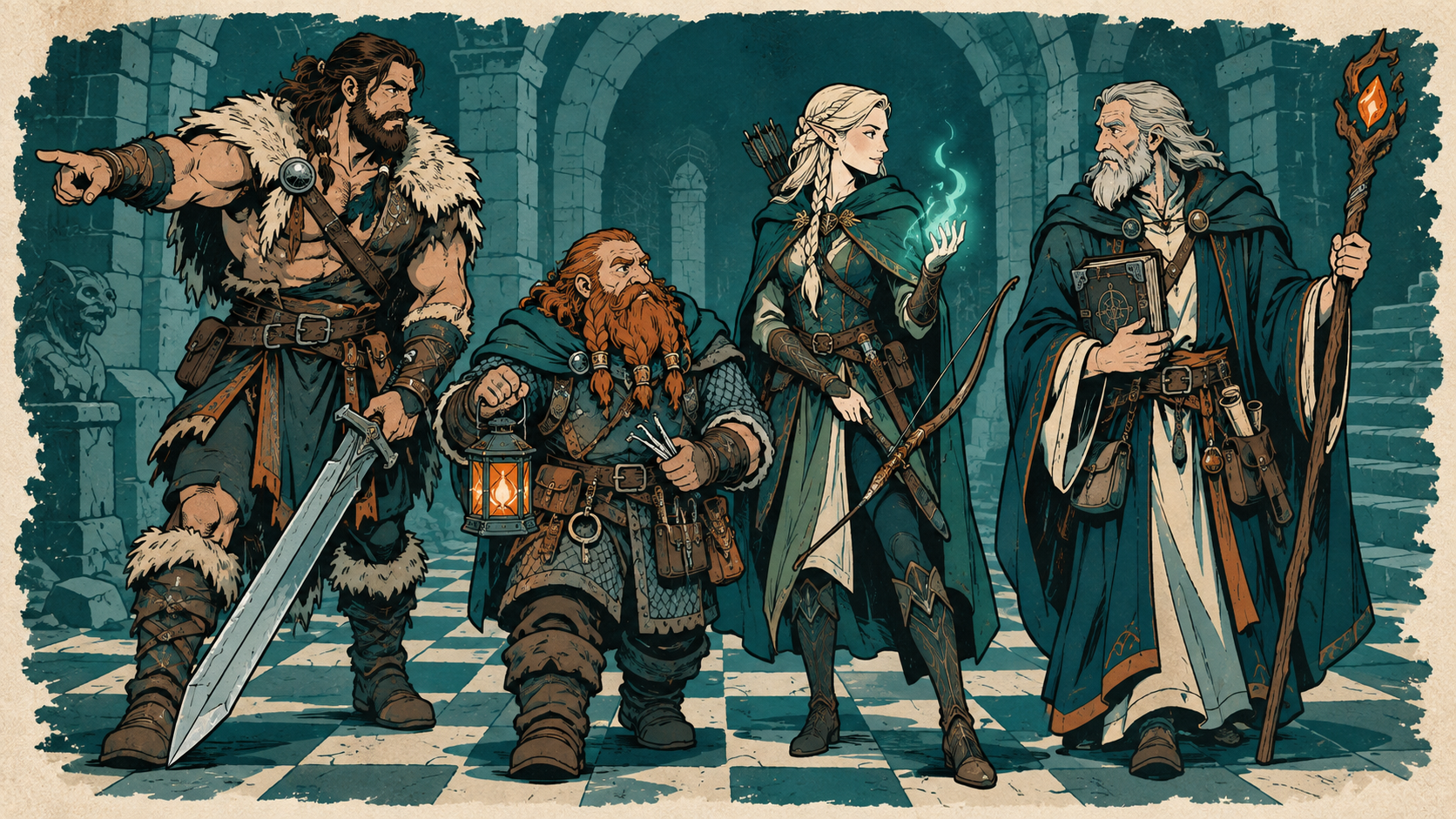 vier Fantasy-Held:innen mit unterschiedlichen Stärken stehen als Team nebeneinander
