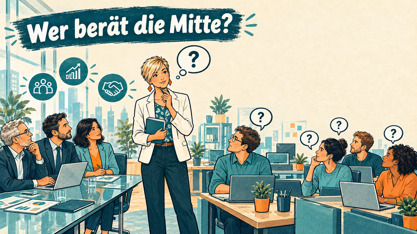 Illustration eines Stuhlkreises von oben: Führungskräfte hören einer Kollegin zu, eine Moderatorin begleitet die kollegiale Fallberatung.