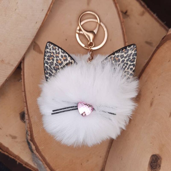 sleutelhanger Pompon poes wit