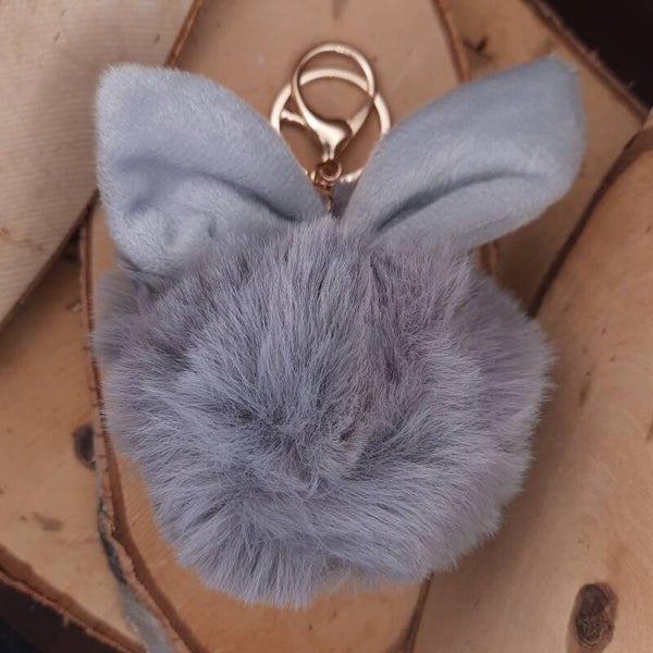sleutelhanger Pompon bunny grijs