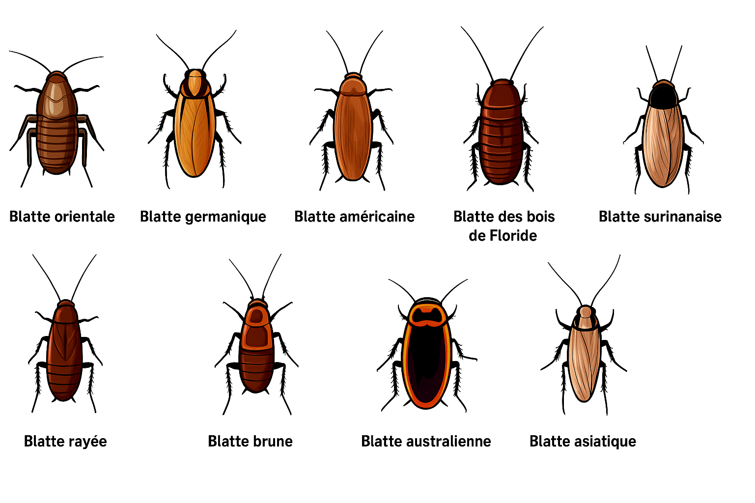 Illustration des principales espèces de blattes présentes à Marseille, incluant la blatte germanique, orientale, américaine, rayée, brune, australienne, asiatique et surinamaise.