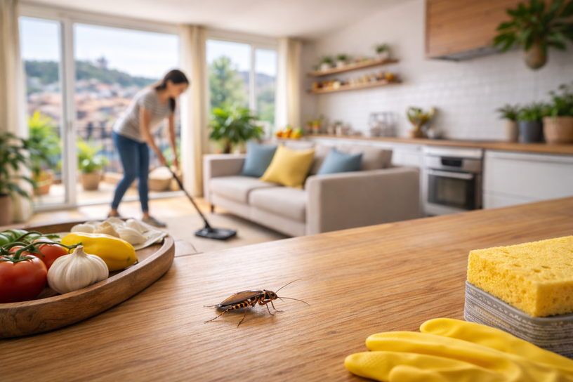 Cafard se d&eacute;pla&ccedil;ant sur un plan de travail dans un appartement lumineux.