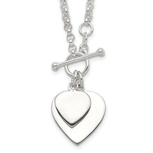 Personalized Hand Engraving 925 Sterling Silver Double Heart Toggle Necklace 18 In.