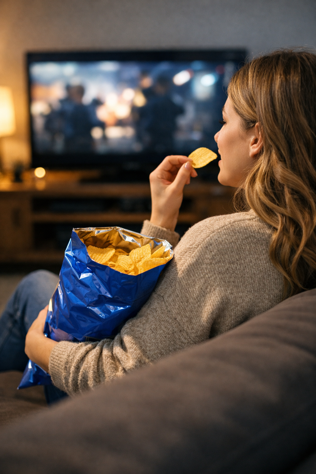 This photo shows a massive bag of crisps being eaten 