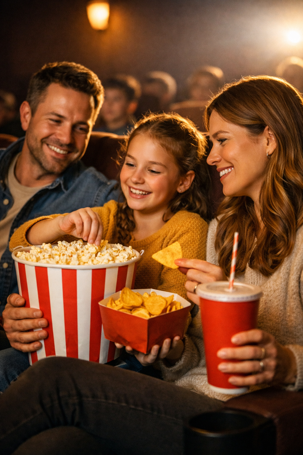 Th photo shows a big feast of cinema food 