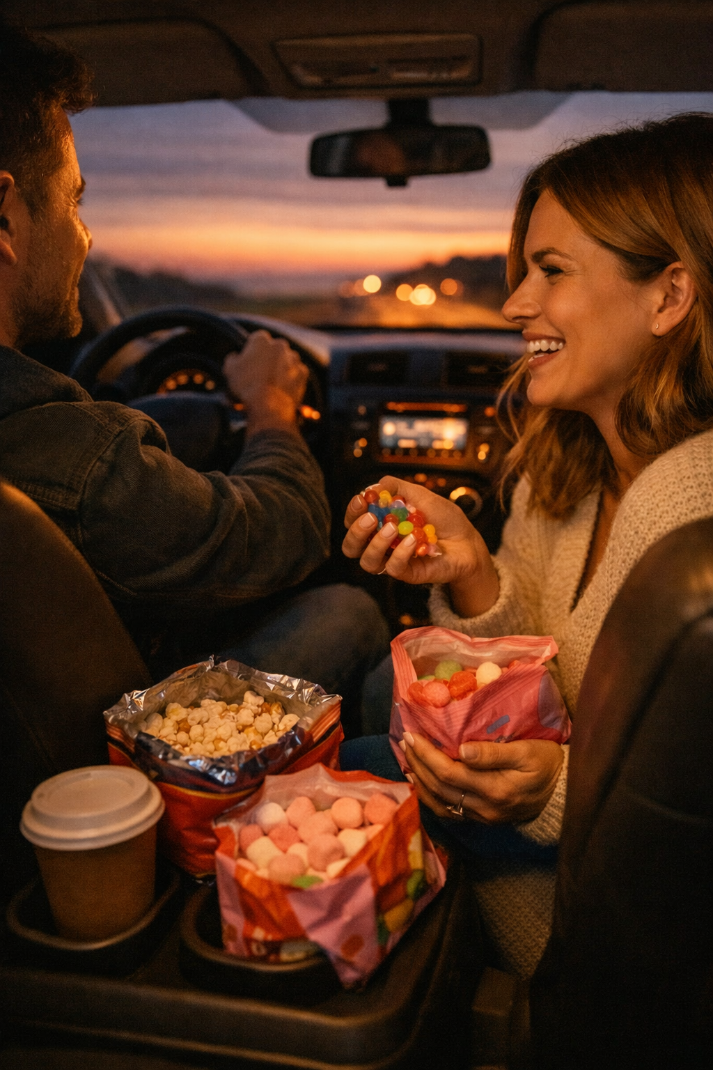The photo shows an amount of snacks for a car journey 