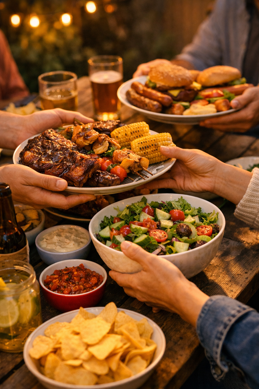 The photo shows a barbecue scene with a large amount of food 