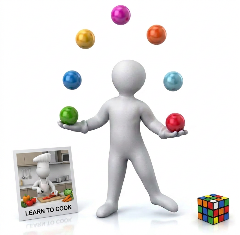 The photo shows an image of a juggler,a chef and a rubiks cube which is all about doing something different 