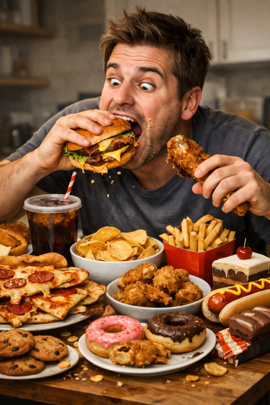 The photo shows a person with a huge amount of food which is ultra process food  which tricks our brain to continue eating as much as we can without stopping 