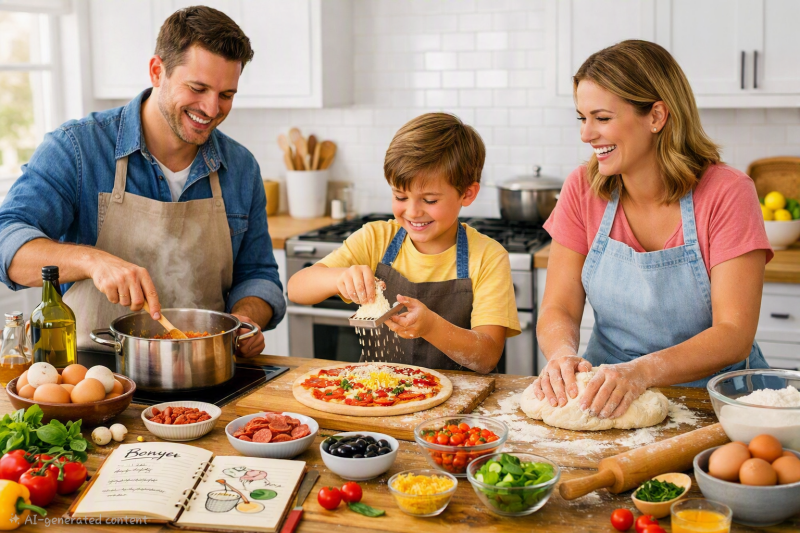 A family cooking up a meal using fresh ingridiants 
