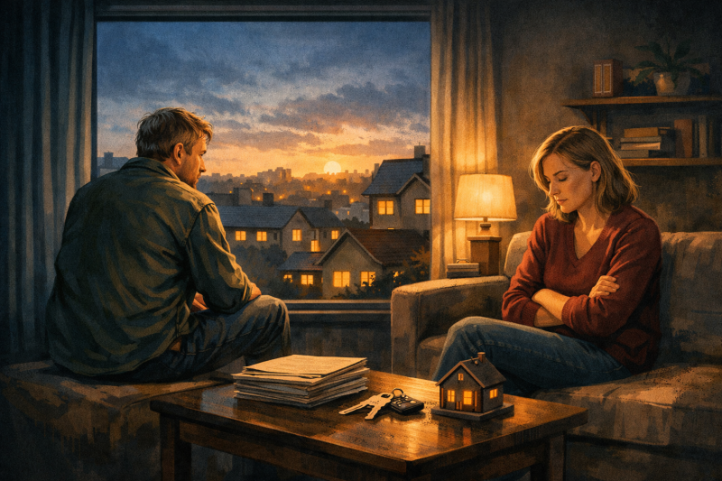 a couple sitting down looking tired in their home 