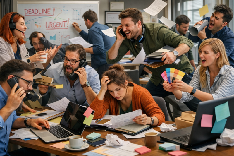 A busy workplace environment where moods and stress levels can be different to each other 