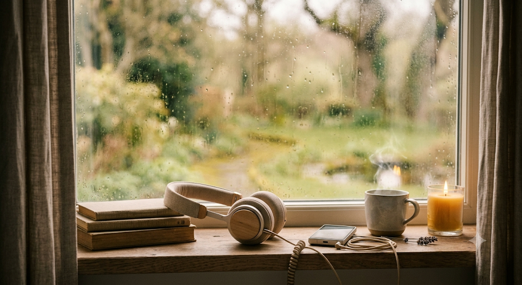 The photo shows a calm relaxed seen of some headphones where someone is playing some music in a relaxed scene of a hot drink and a scented candle 