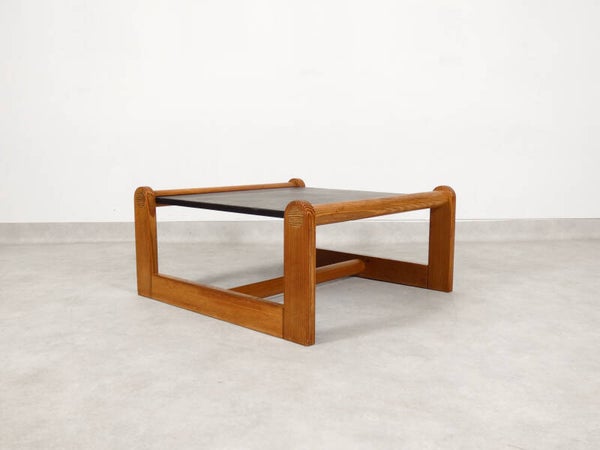 Brutalist pine wood coffee table with slate top