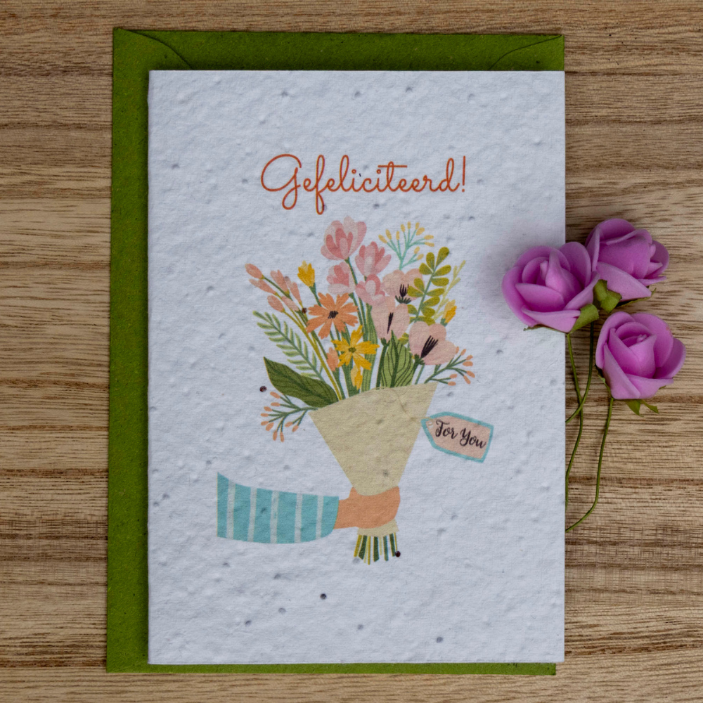 Wenskaart van bloeipapier - Gefeliciteerd - Boeketje bloemen