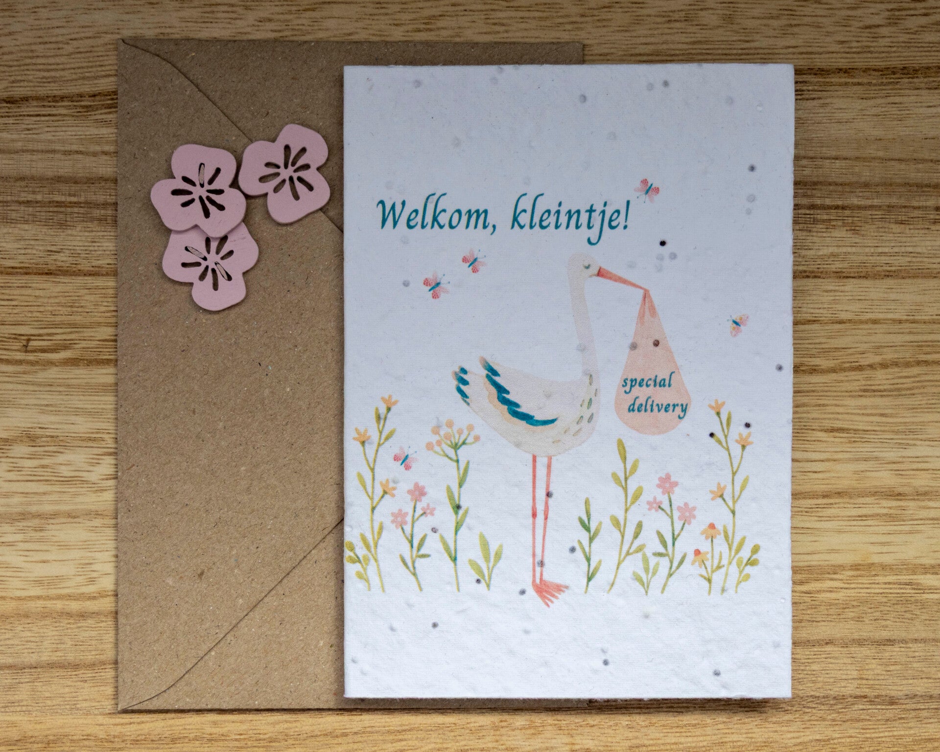 Wenskaart van bloeipapier - Welkom kleintje