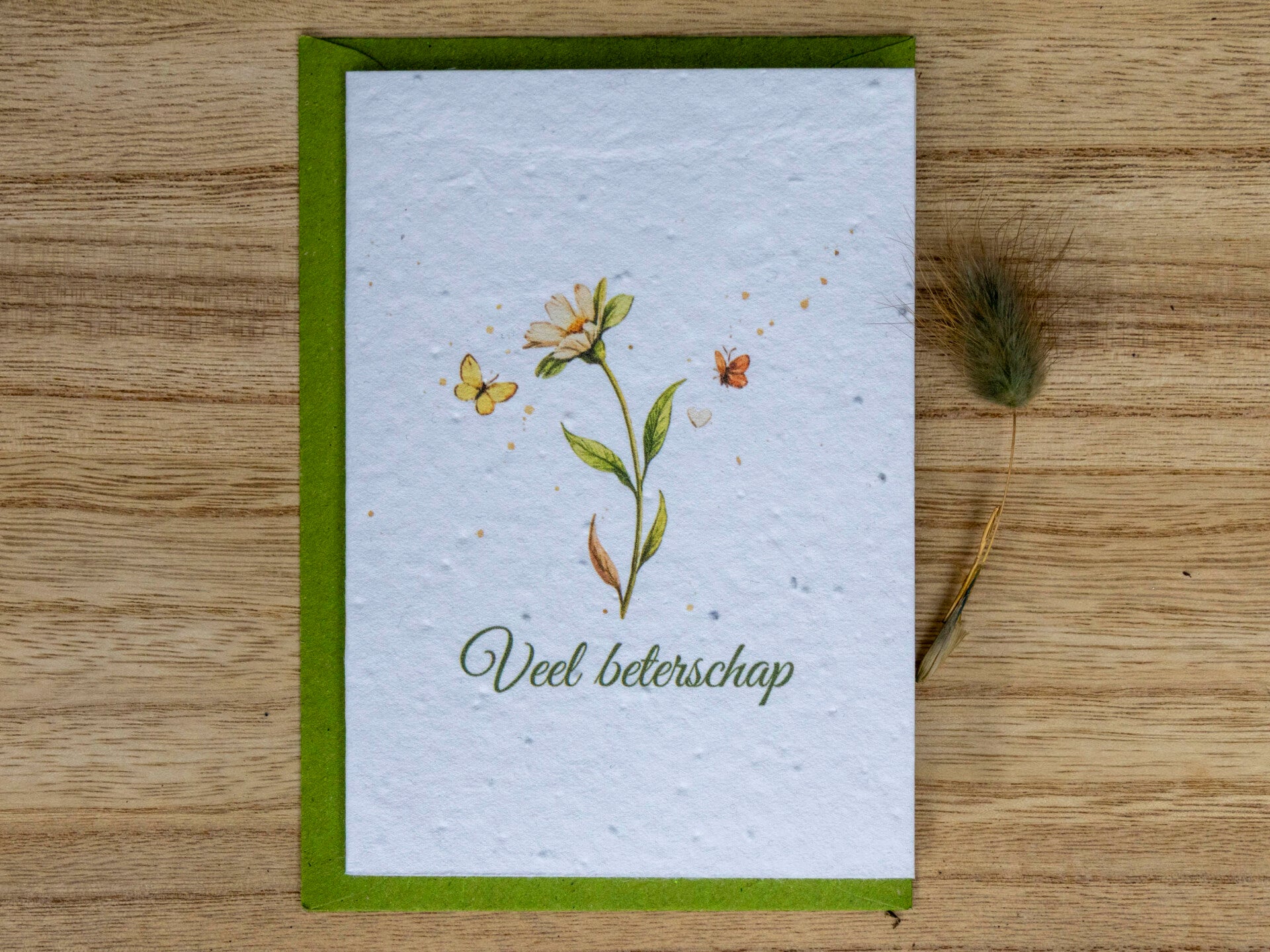 Wenskaart van bloeipapier - Veel beterschap (bloem & vlinders) 🌼