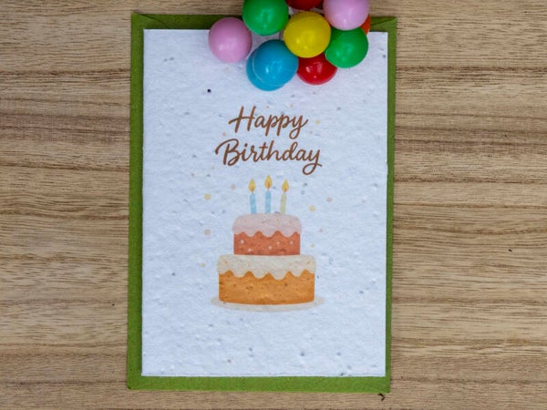 Wenskaart van bloeipapier - Happy Birthday (taart) 🎂