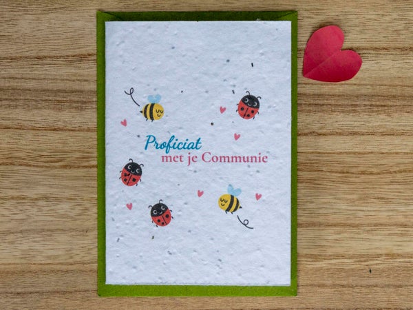 Wenskaart van bloeipapier - Proficiat met je communie (diertjes) 🐞