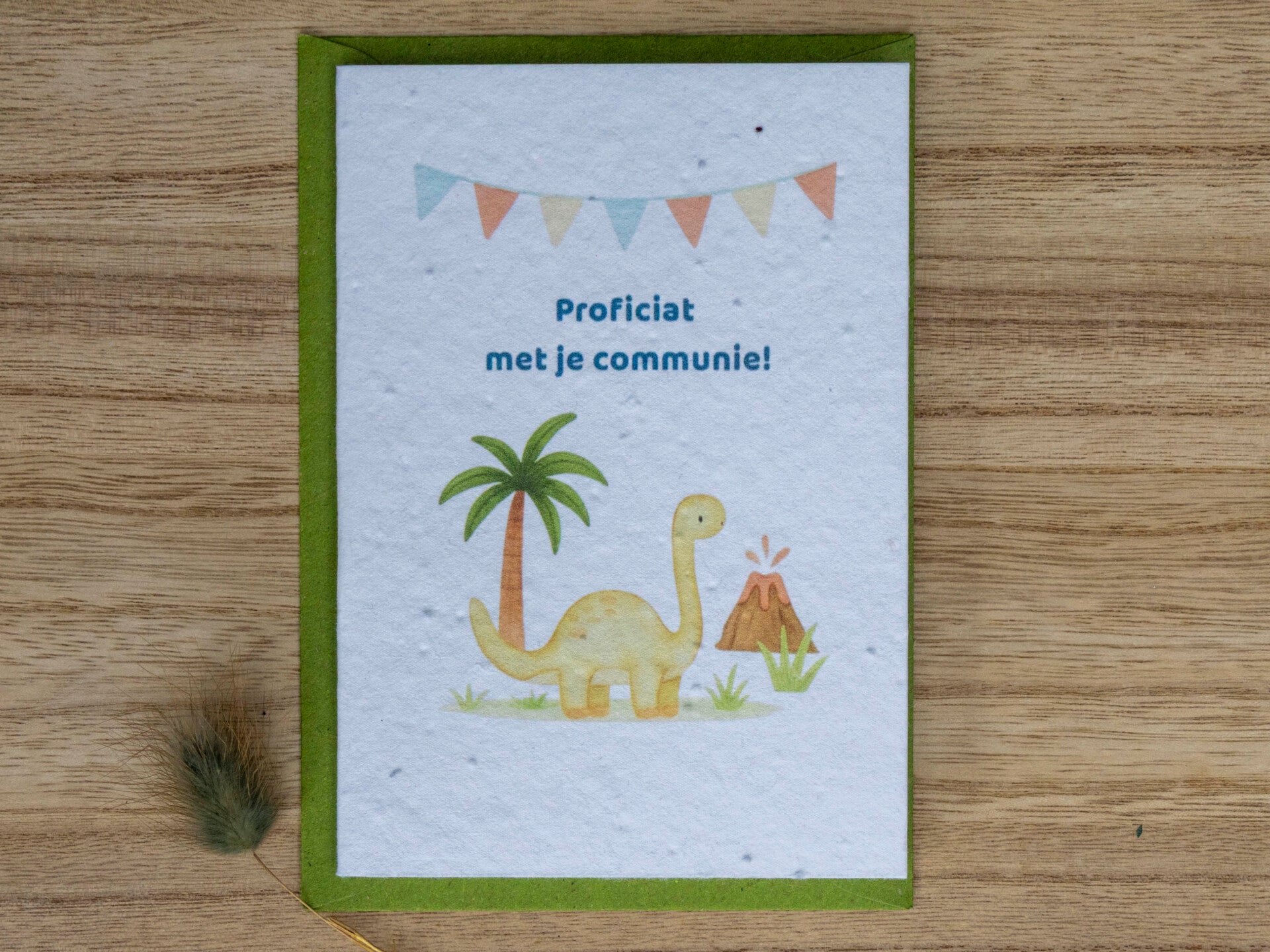 Wenskaart van bloeipapier - Proficiat communie (dino) 🦕