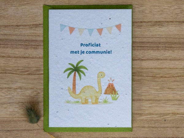 Wenskaart van bloeipapier - Proficiat communie (dino) 🦕