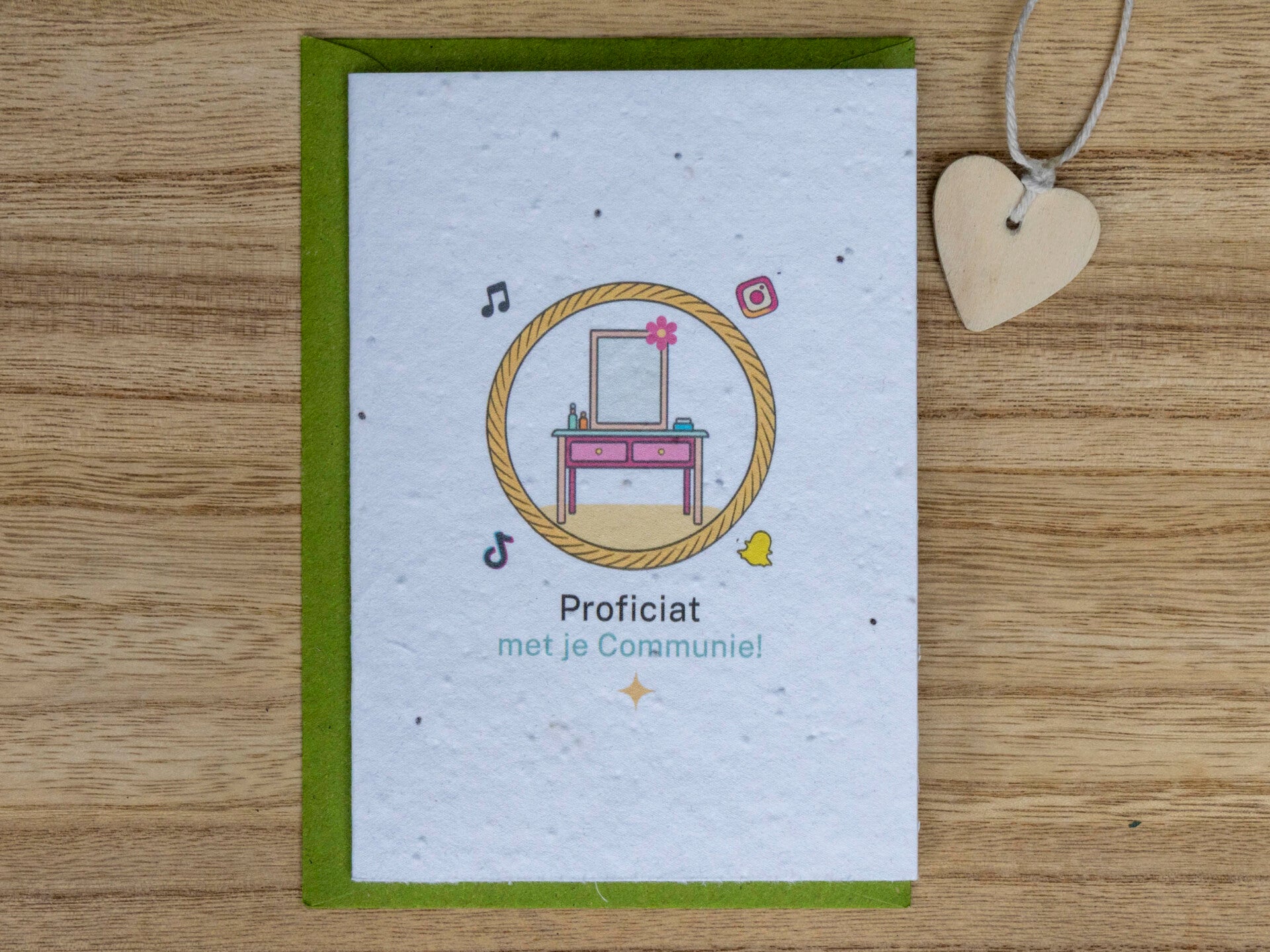 Wenskaart van bloeipapier - Proficiat met je communie (spiegel) ✨