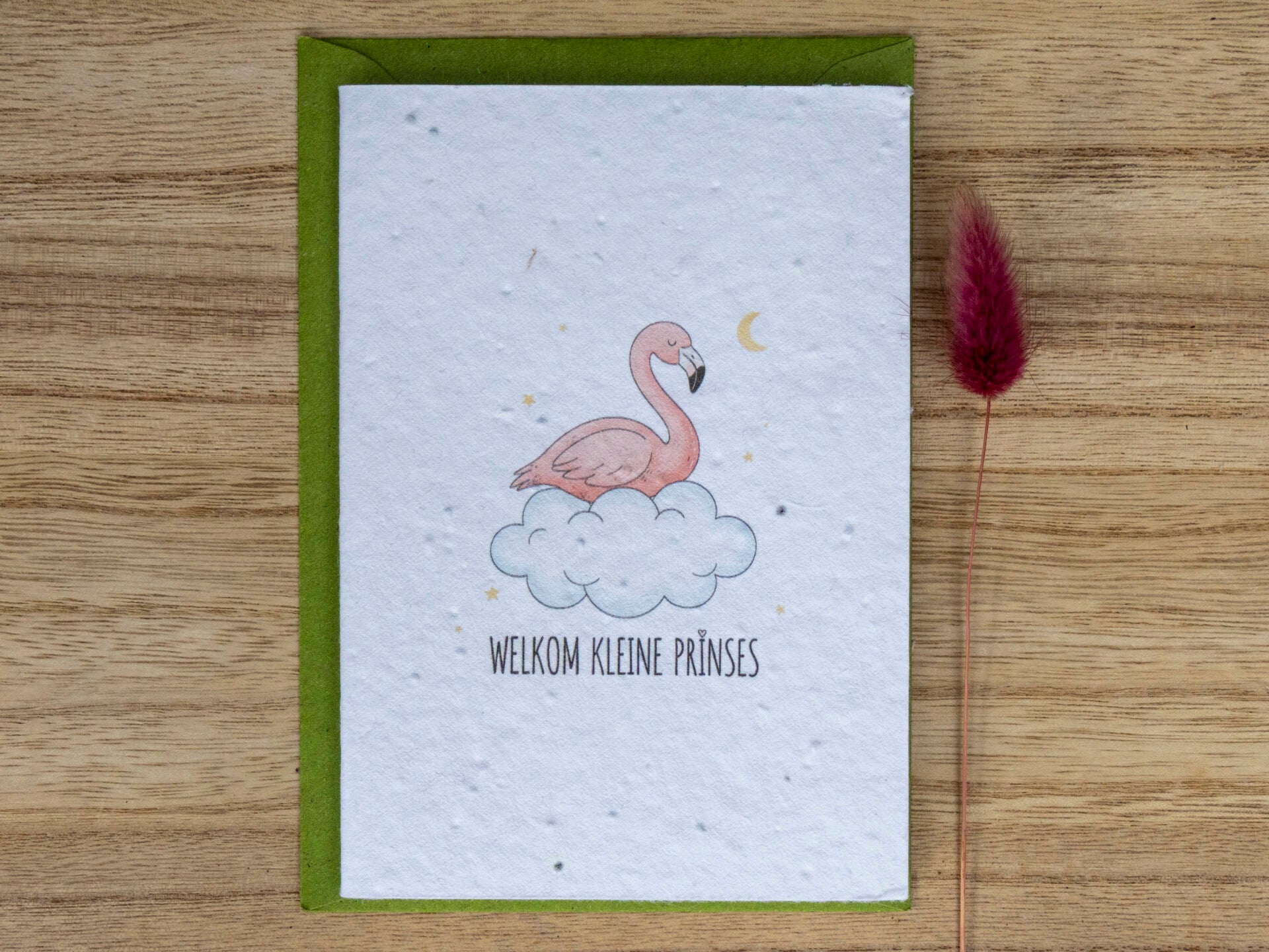 Wenskaart van bloeipapier - Welkom kleine prinses (flamingo) 🦩