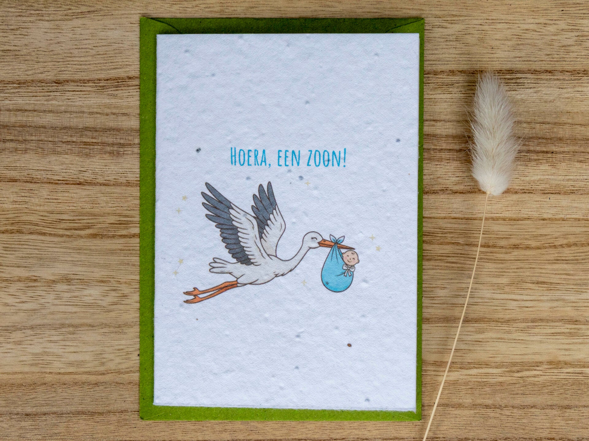 Wenskaart van bloeipapier - Hoera, een zoon! (ooievaar) 🍼
