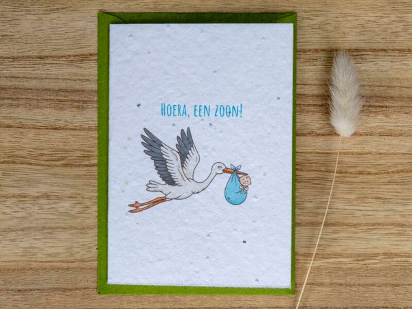 Wenskaart van bloeipapier - Hoera, een zoon! (ooievaar) 🍼