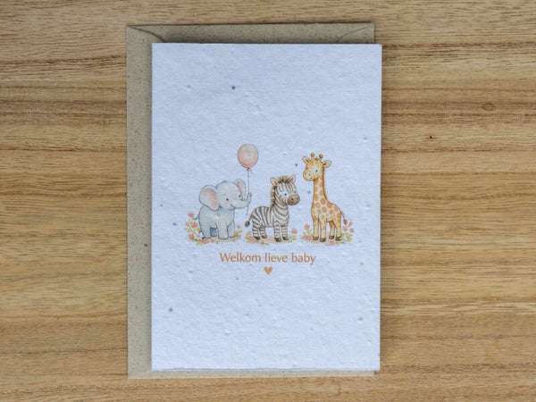 Wenskaart van bloeipapier – Welkom lieve baby met diertjes