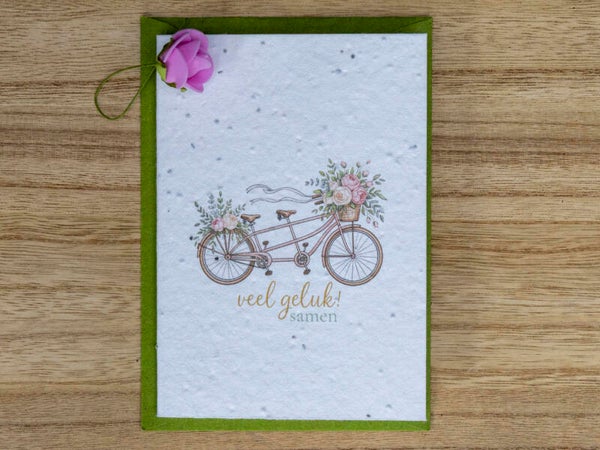 Wenskaart van bloeipapier - Veel geluk samen (fiets) 💍